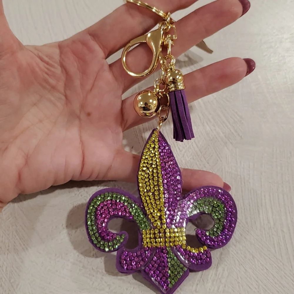 MARDI GRAS fleur-de-lis rhinestones ball tassel puffy keychain topical Easter